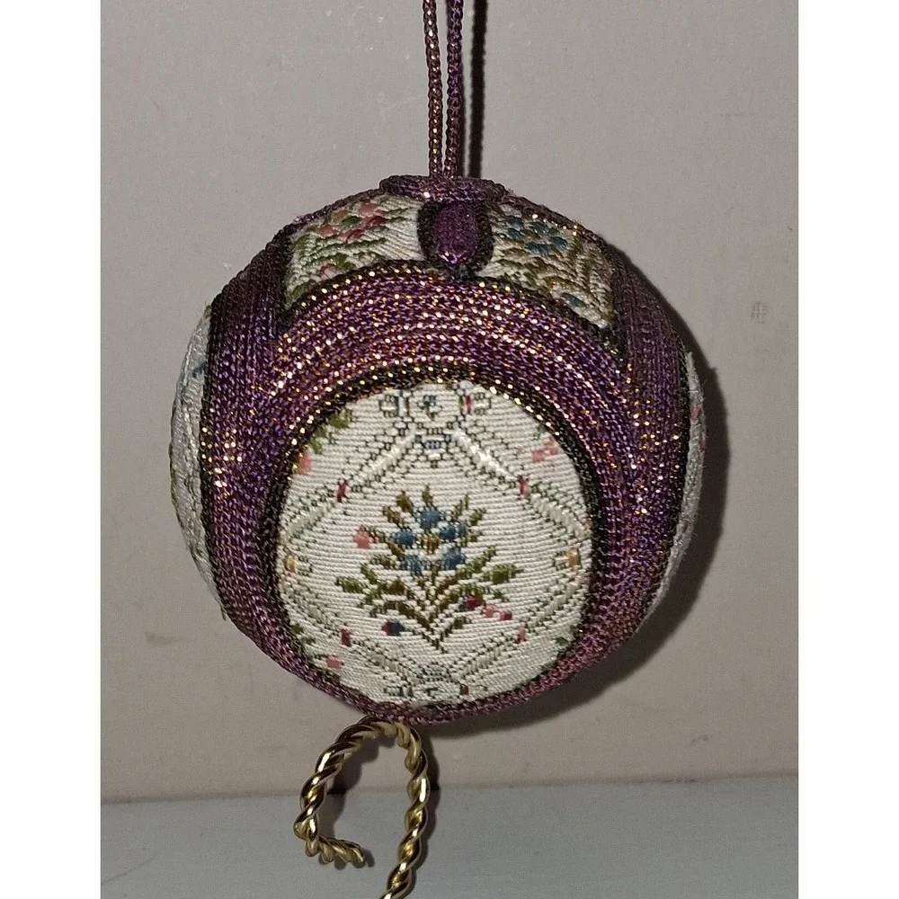 Vintage Japanese Kimekomi Temari Ball Ornament Purple Gold Floral 3.25